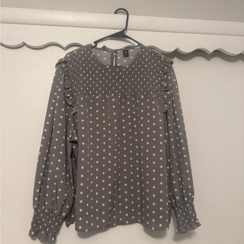 SHEIN Gray and White Polka Dot Blouse